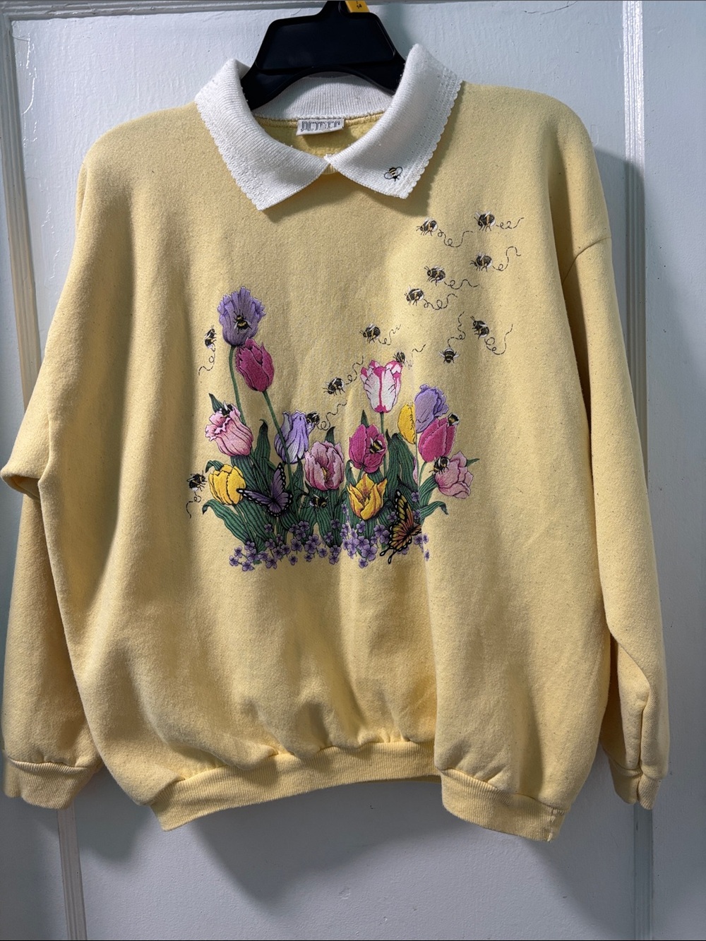 Yellow Floral Crewneck Sweater with White Peter Pan Collar